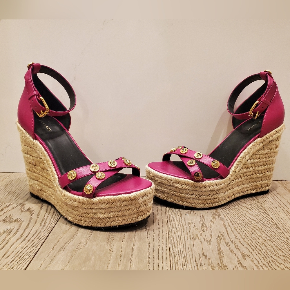 Versace Women's Orchid Pink Gold Medusa Leather Ankle Strap Wedges Sandals Shoes